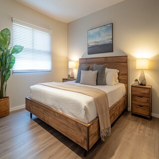 Contemporary Master Bedroom Design with Queen Bed and Wood Accents